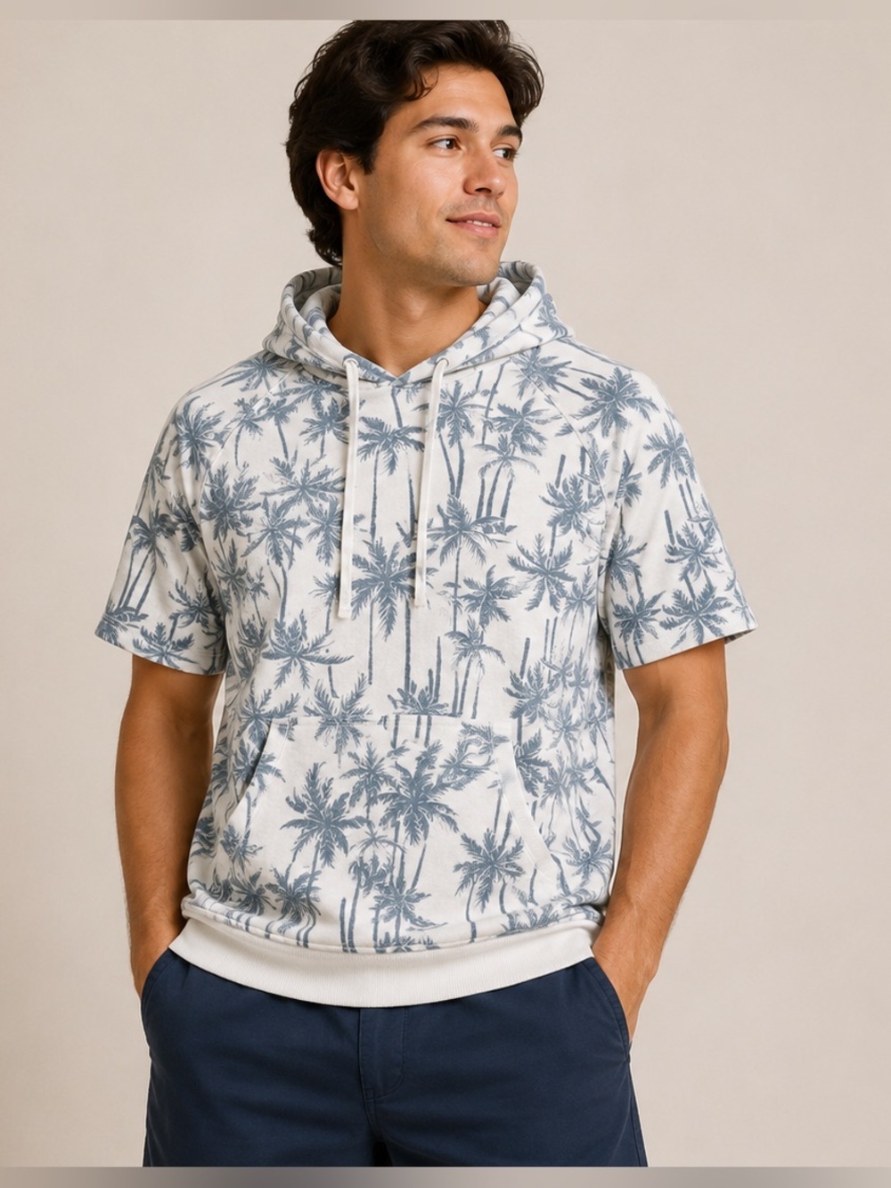 Jane and Delancey Short-Sleeve Hooded Tee in White & Blue Palm